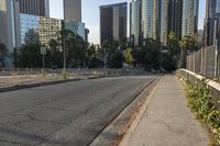 the road is empty, there are trees, bushes and other skyscrapers in the background