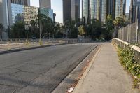 the road is empty, there are trees, bushes and other skyscrapers in the background