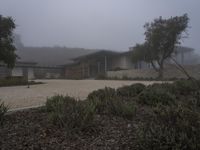 house with driveway, concrete and gravel driveway in foggy landscape area outside of residential residence