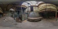 an image of a old machine shop in the past time lapse mode a round panoramic lens