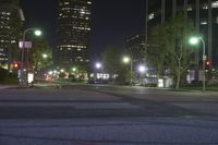 a view of the street at night in front of the city lights and buildings, looking toward one of two street lights