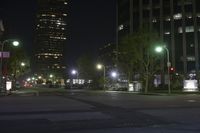 a view of the street at night in front of the city lights and buildings, looking toward one of two street lights