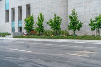 trees near a building behind a red truck with green leaves on the side of it