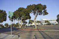 a road with a green sign next to trees and buildings with their shadow on the ground