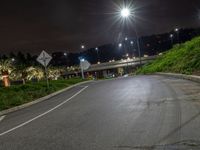 there is a stop sign on the street in front of the street lights at night