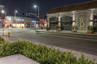 a street that has some bushes on the side of it with a store front and two buildings