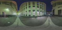 three images of three buildings side by side at night, showing the same photo as a full one