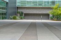 an outside courtyard with an empty bench and green plants on it in front of a glass building