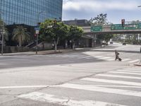 a city street at the intersection of the street and underpass above it is two pedestrian walk signs