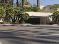 a man wearing a helmet stands in a street looking at a parking garage and building with palms