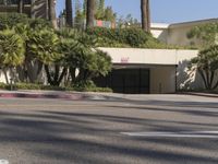 a man wearing a helmet stands in a street looking at a parking garage and building with palms