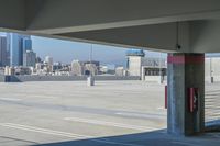 two empty parking spaces near large skyscrapers with white columns and red and blue paint