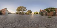 a large open square paved with brick blocks and palm trees and buildings around it at sunset