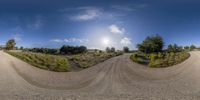 fisheye panorama images of an outside street and the sky over a dirt field in front of the trees