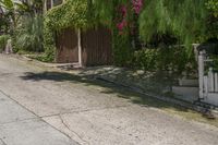 a person walking down the street past an gate, and a house in the background