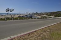 a street and beach line with palm trees at the edge of the road and cars