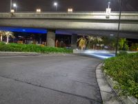 the street below a bridge is empty but blue lights can shine brightly behind the bike lane