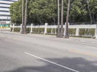 a man riding a skateboard down the street next to some palm trees and a fence