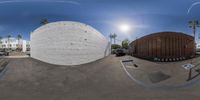 the camera panoramic of a skateboard park shows the view from a perspective angle