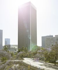 a picture of a building near some trees and buildings and blue skies with clouds on the horizon