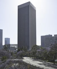 a picture of a building near some trees and buildings and blue skies with clouds on the horizon