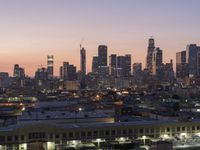 a big city skyline that is lit up at dusk in the background and pink sky