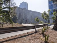 a street sign sitting next to a highway next to a building and palm trees covered hill