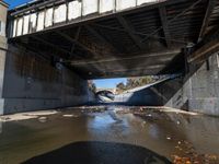 a dirty stream under a concrete bridge, with the shadow of the person standing on top