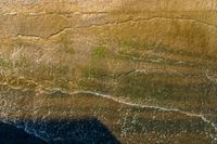 an aerial shot of a person riding a surfboard on the ocean shore line along with a beach in the background