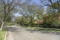 a street lined with lush green grass and trees around the corner with some bushes along both sides of it