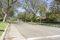 a street lined with lush green grass and trees around the corner with some bushes along both sides of it