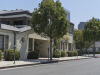 an arrow is pointing to an empty street next to buildings with green trees lining both sides