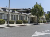 an arrow is pointing to an empty street next to buildings with green trees lining both sides