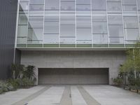 concrete courtyard with various potted plants outside an office building on gray stucco and white walls