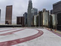 a man is skateboarding in the background of some tall buildings near one another,