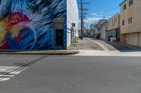 the side of the building is a painted mural depicting a man with a surfboard