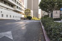 a street lined with bushes and parking meters near buildings on either side of the street