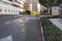 a street lined with bushes and parking meters near buildings on either side of the street