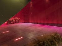 this is an indoor public space with a bench on the concrete floor and a planter with red lights above it