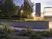 a walkway with green plants and shrubs next to the tall building at dusk with traffic and street lights