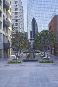 a walkway with trees and water feature in a city setting, surrounded by other buildings
