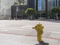 a yellow fire hydrant sitting next to a street curb near a tall building in the background