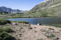 a large lake surrounded by rocky mountains with pine trees in the foreground and sparse vegetation around