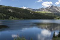 a mountain sits in the background on a sunny day above the water and on top of a hill is a blue lake and green trees