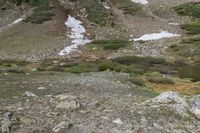 a small stream in a rocky valley surrounded by grass and rocks with snowy mountains in the background