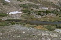 a bear walking on a mountain slope beside a small body of water and rocks in the foreground