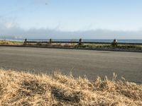 a person riding a skate board in the grass near the ocean or the beach in the background