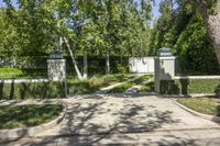 the sidewalk near the gate is lined with trees and shrubbery in a lush garden