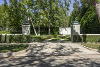 the sidewalk near the gate is lined with trees and shrubbery in a lush garden