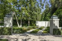 the sidewalk near the gate is lined with trees and shrubbery in a lush garden